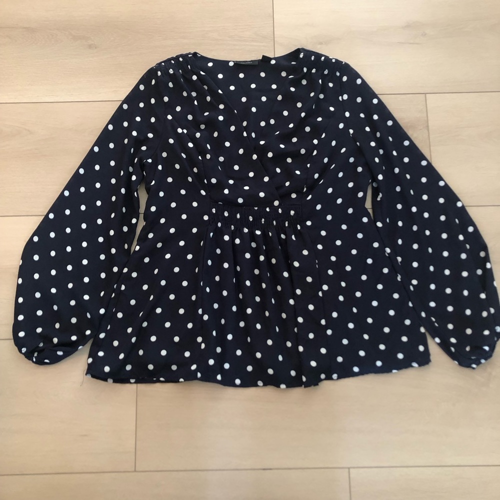 Polka Dot Navy Long-Sleeve Peplum Top